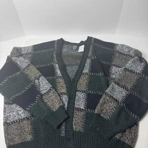 Vintage Expressions Men's Knit Cardigan Sweater, Earth Tones Check, XL Grandpa